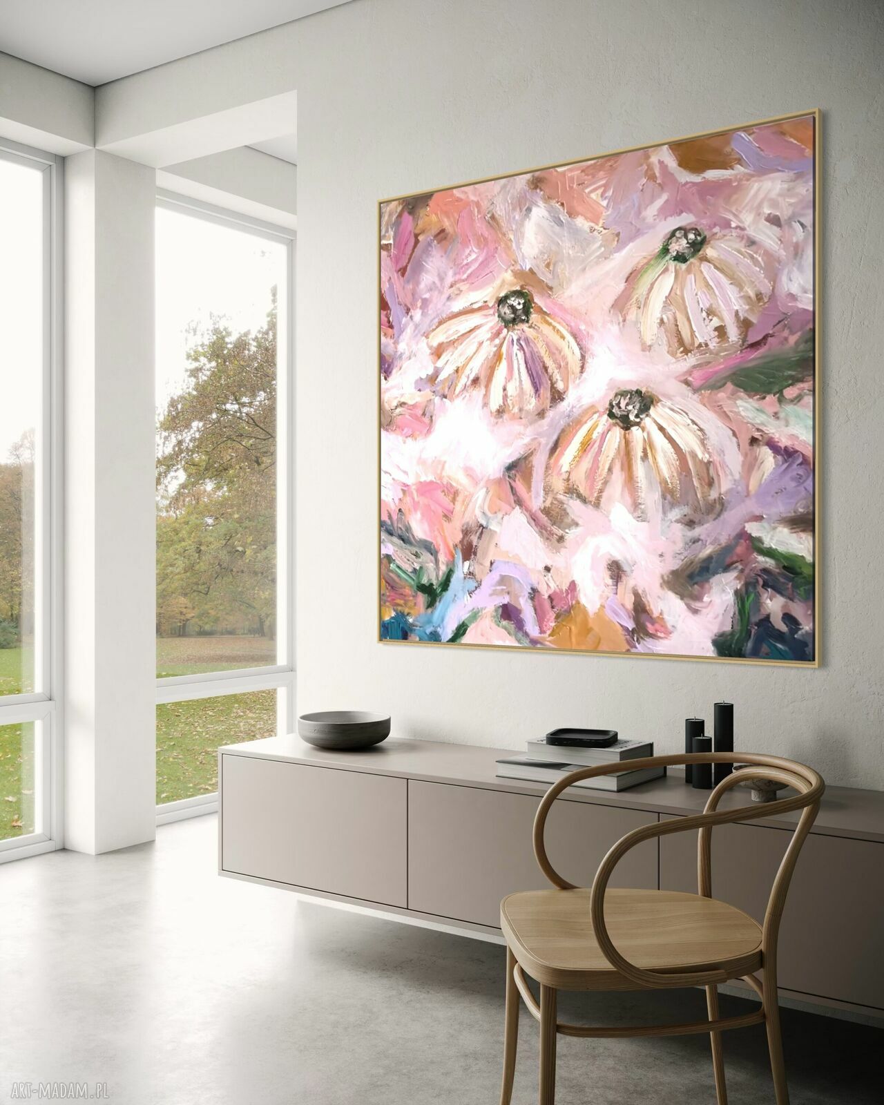 Obraz abstrakcyjny 80x80 cm do salonu - kwiatowa kompozycja w odcieniach różu