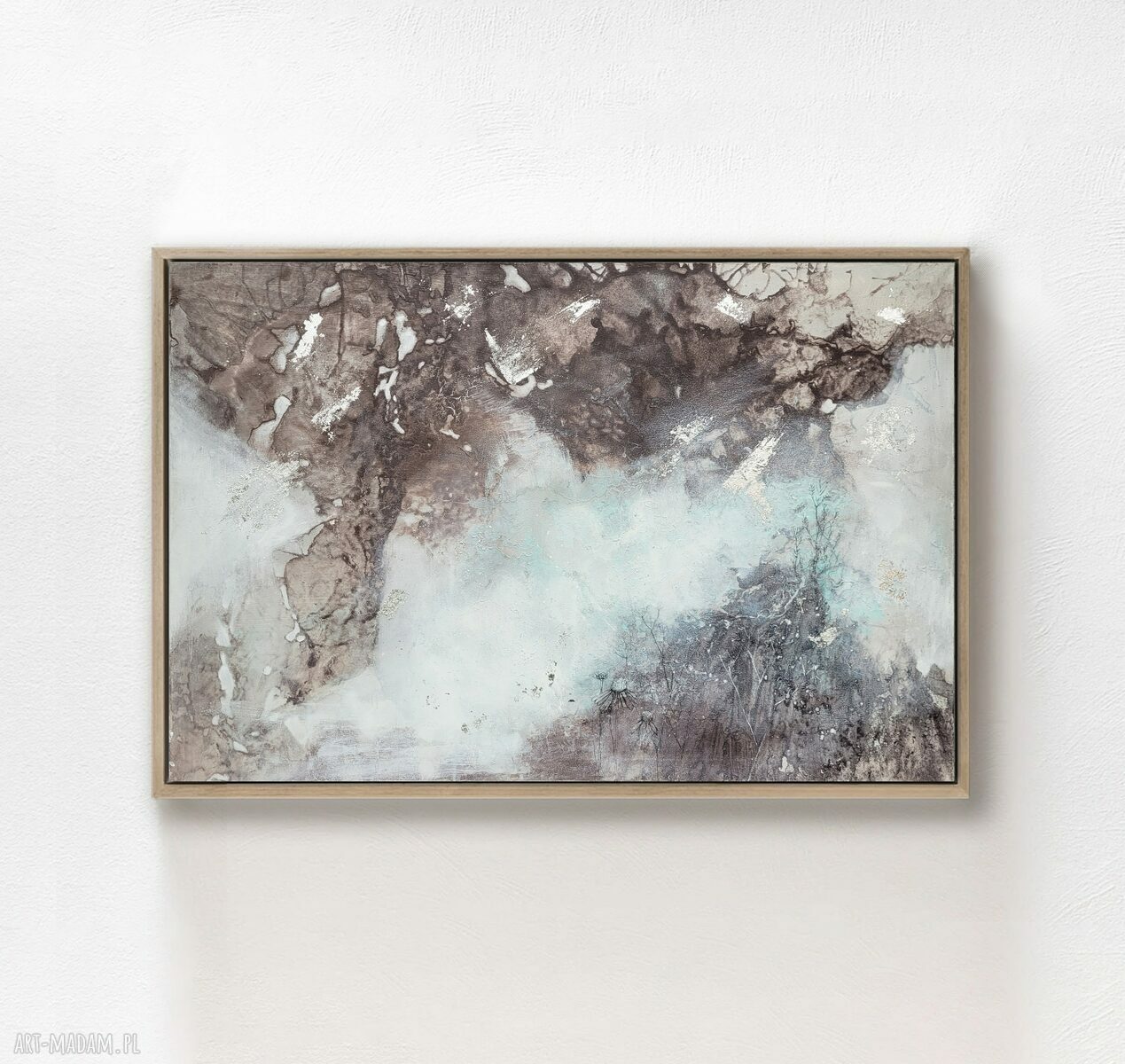 Abstrakcyjny obraz Bioluminescencja nr 1 90x60 cm - technika mieszana i płatki srebra