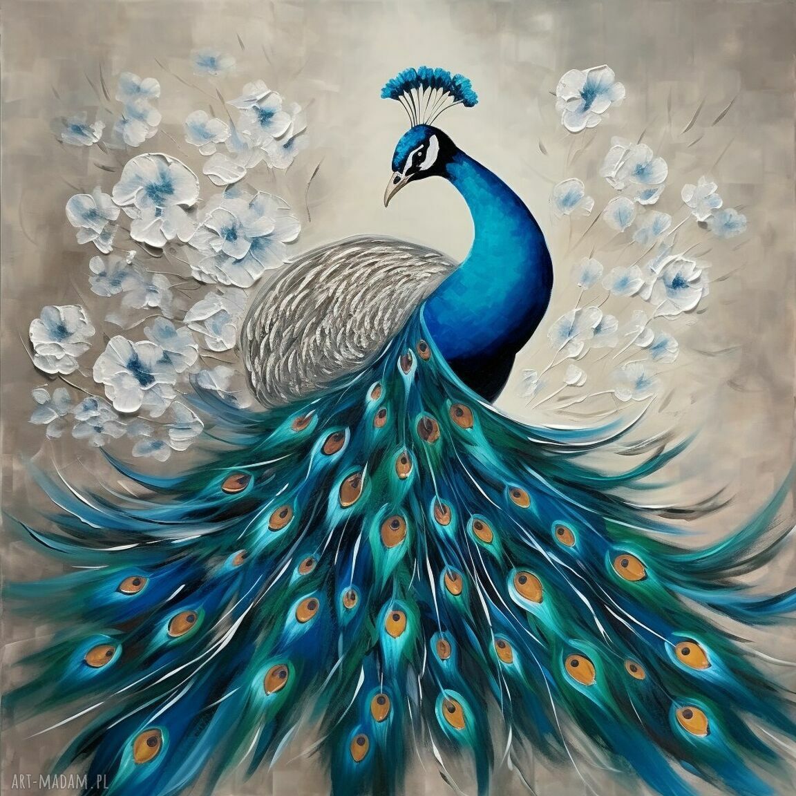 Abstrakcyjny obraz z pawiem 50x50 cm na szaro-beżowym tle