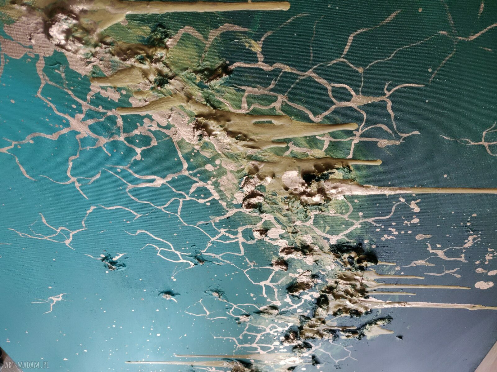 Abstrakcyjny obraz ręcznie malowany - PĘKNIĘTY SZMARAGD 80x80 cm