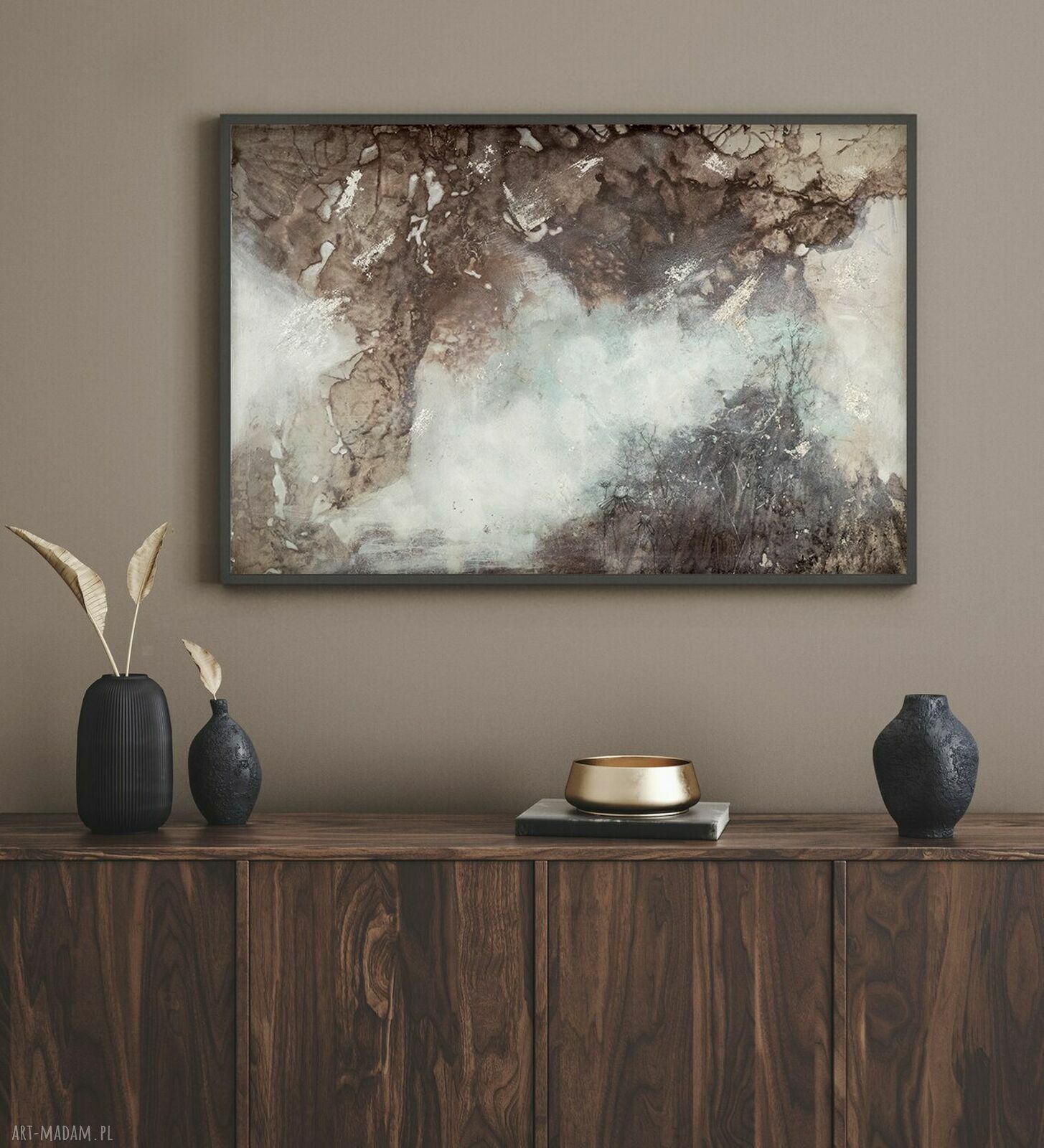 Abstrakcyjny obraz Bioluminescencja nr 1 90x60 cm - technika mieszana i płatki srebra