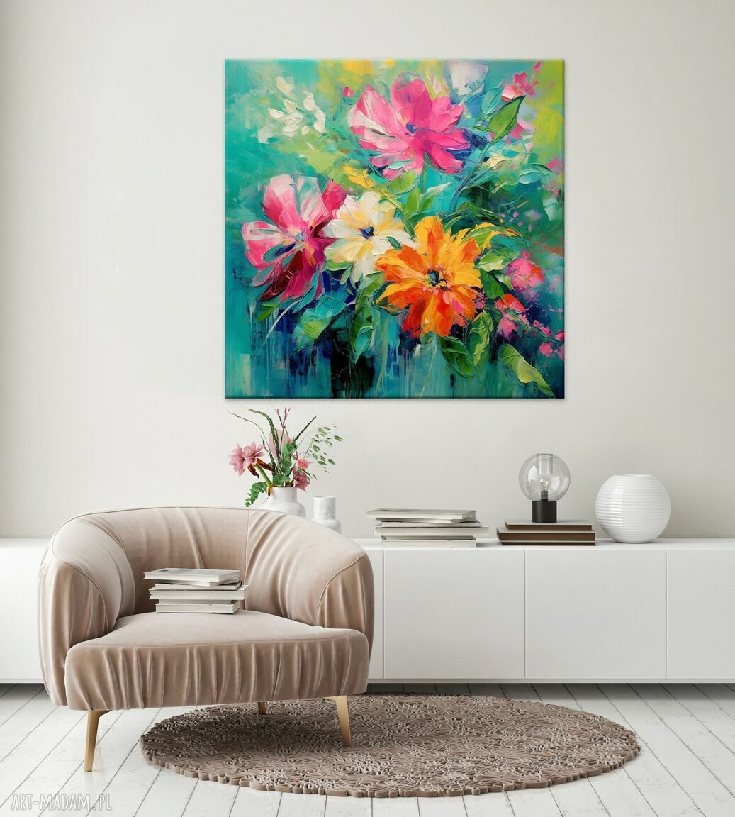 Abstrakcyjny obraz bukiet kwiatów na turkusowym tle 50x50 cm