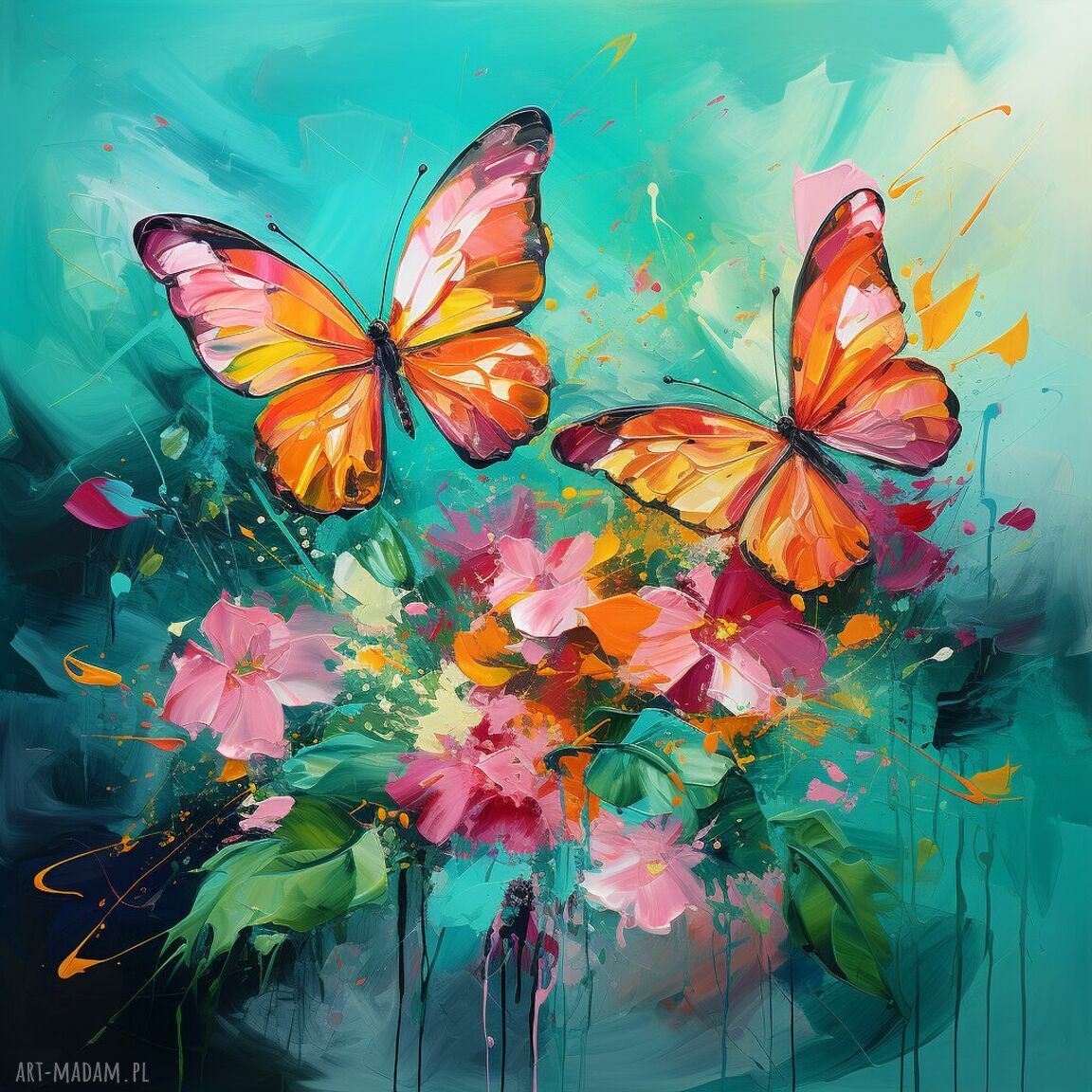 Abstrakcyjny obraz motyle turkusowy z pomarańczowymi akcentami, 50x50 cm