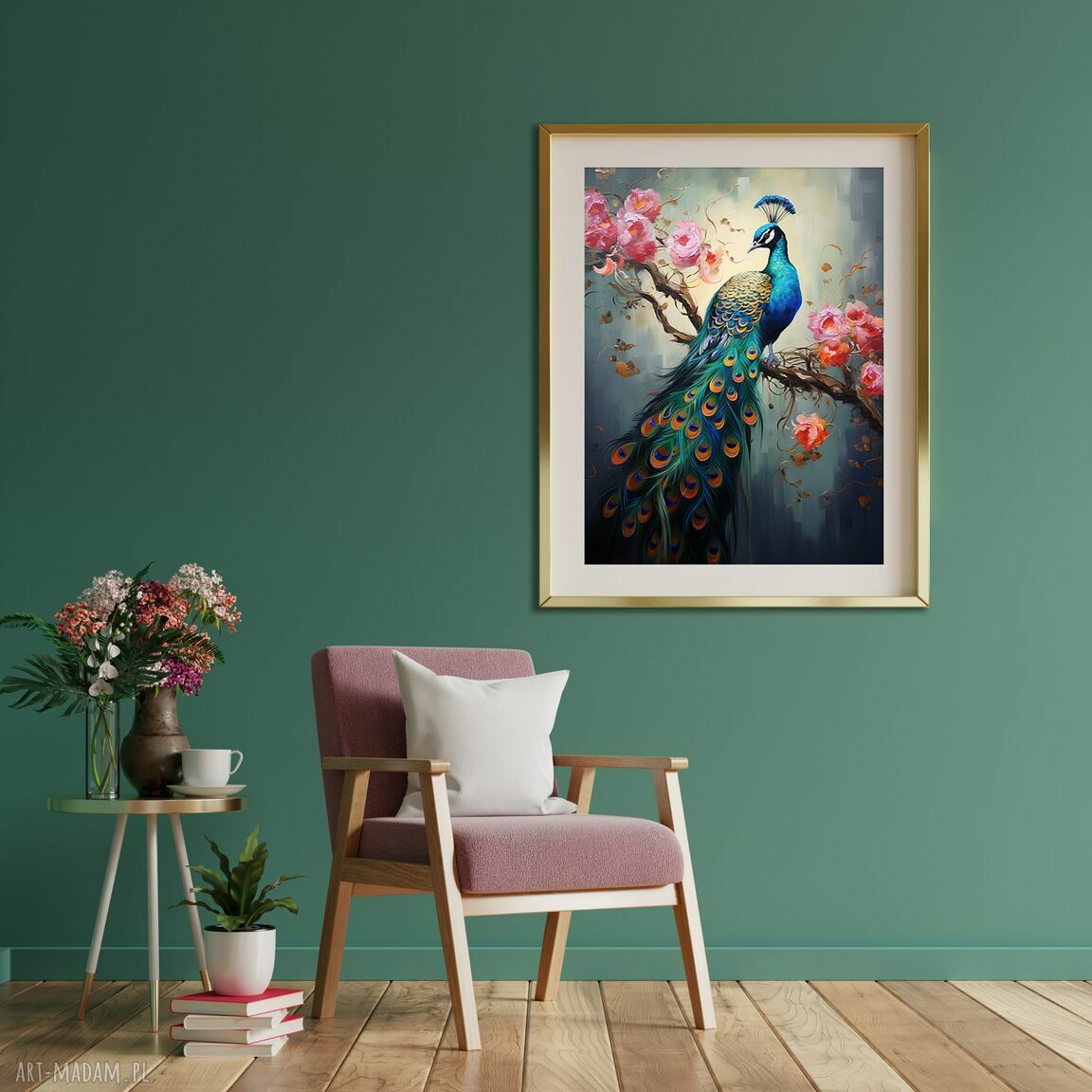 Abstrakcyjny obraz z pawiem - pionowy wydruk artystyczny 50x67 cm