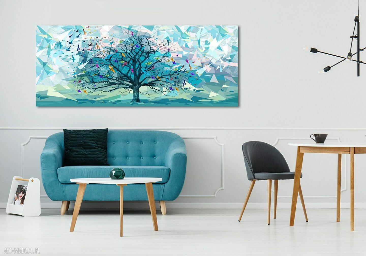 Abstrakcyjny pejzaż z drzewem i ptakami origami - druk na płótnie 147x60 cm do salonu i sypialni