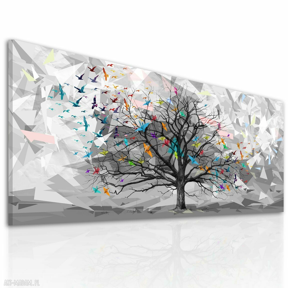 Abstrakcyjny pejzaż z drzewem i ptakami origami 147x60 cm na płótnie