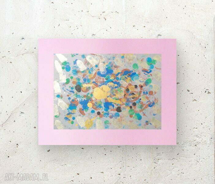 Nowoczesna abstrakcja na ścianę 30x40 cm - złote akcenty i delikatne jasnoróżowe tło