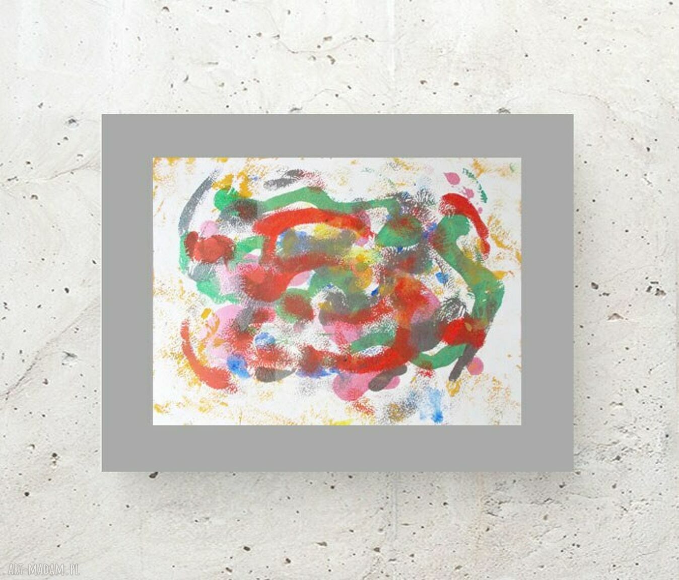 Kolorowa abstrakcja na szarym tle - ręcznie wykonany rysunek 30x40 cm z metalicznymi akcentami