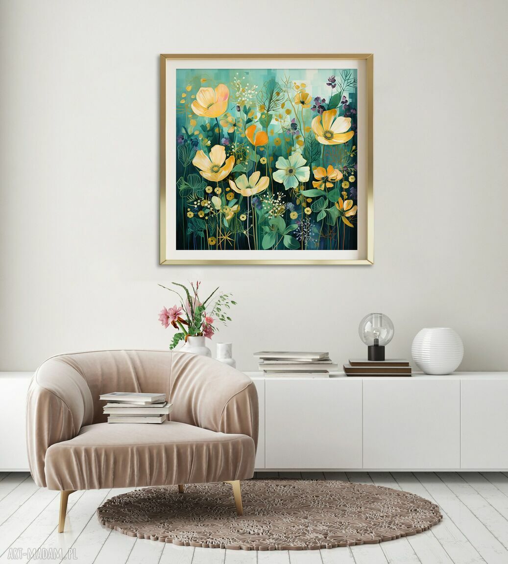Abstrakcyjny zielony obraz z żółtymi kwiatami - łąka kwietna, wydruk na płótnie 50x50 cm