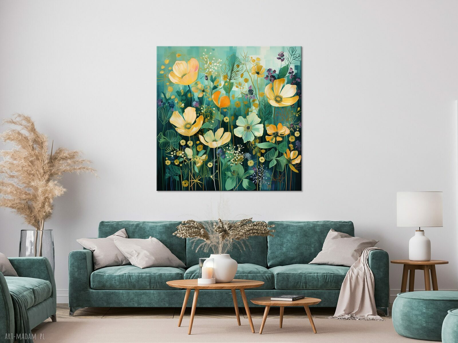 Abstrakcyjny zielony obraz łąka kwietna z żółtymi kwiatami 80x80 cm na płótnie