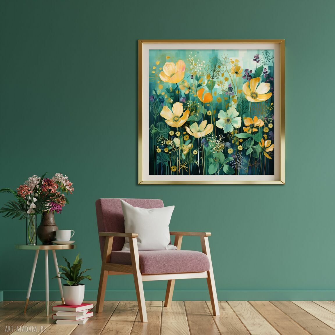 Abstrakcyjny zielony obraz z żółtymi kwiatami - łąka kwietna, wydruk na płótnie 50x50 cm