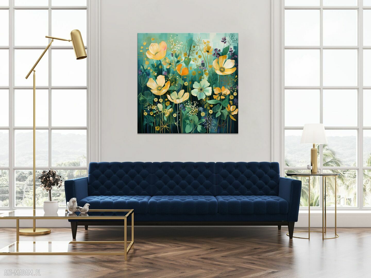 Abstrakcyjny zielony obraz z żółtymi kwiatami - łąka kwietna, wydruk na płótnie 50x50 cm