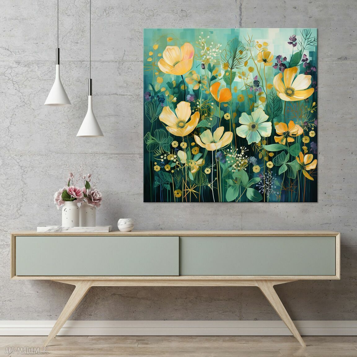 Abstrakcyjny zielony obraz łąka kwietna z żółtymi kwiatami 80x80 cm na płótnie