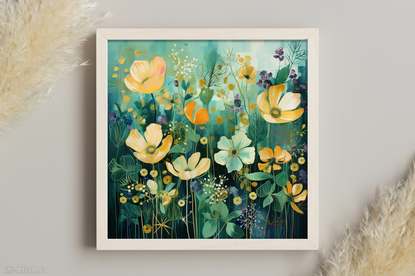 Abstrakcyjny zielony obraz z żółtymi kwiatami - łąka kwietna, wydruk na płótnie 50x50 cm