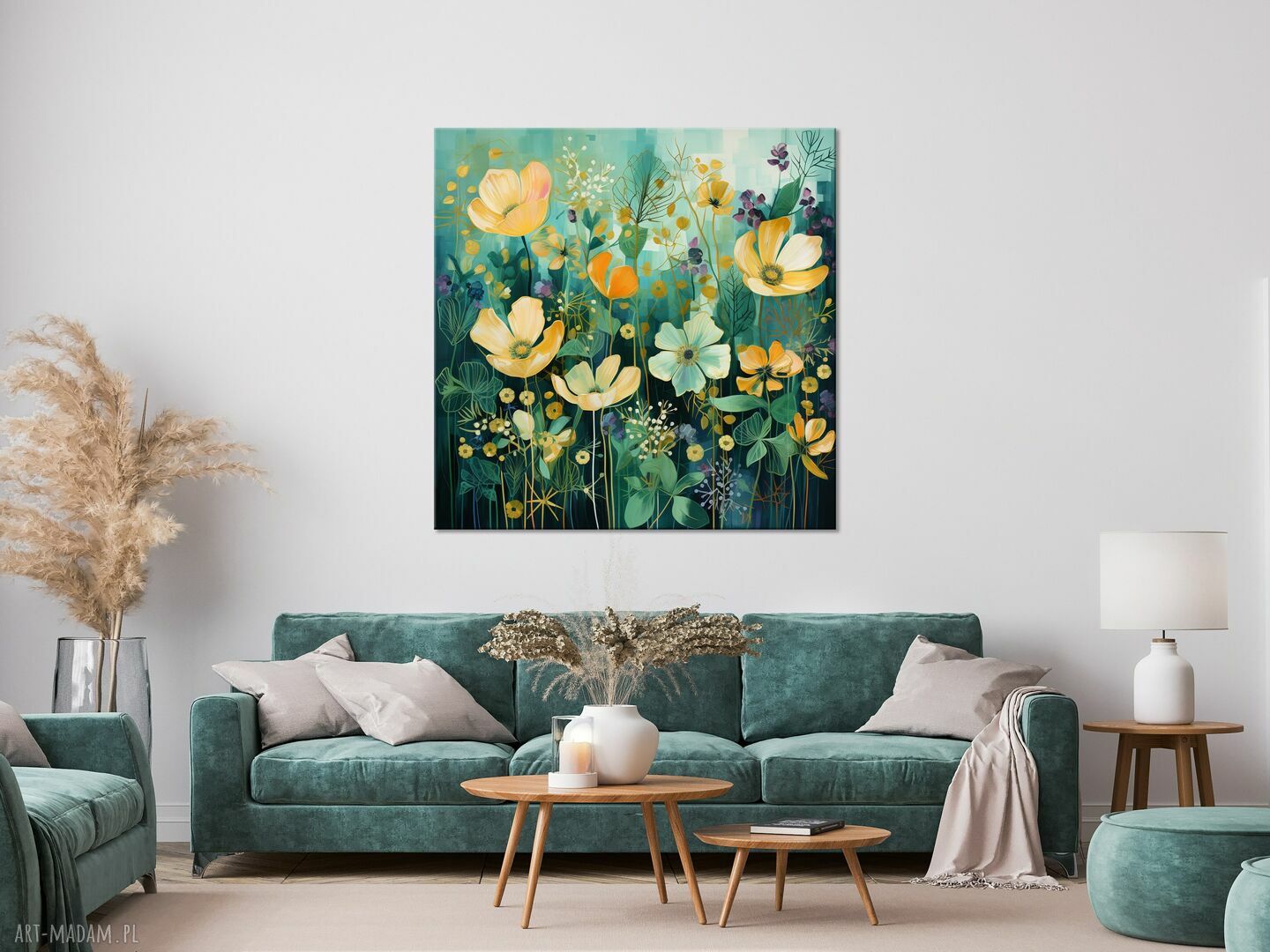 Abstrakcyjny zielony obraz z żółtymi kwiatami - łąka kwietna, wydruk na płótnie 50x50 cm