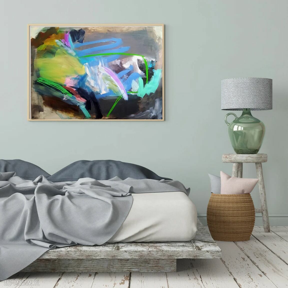 Abstrakcyjny obraz pastelowy 100x70 cm - zielenie, błękit i róż