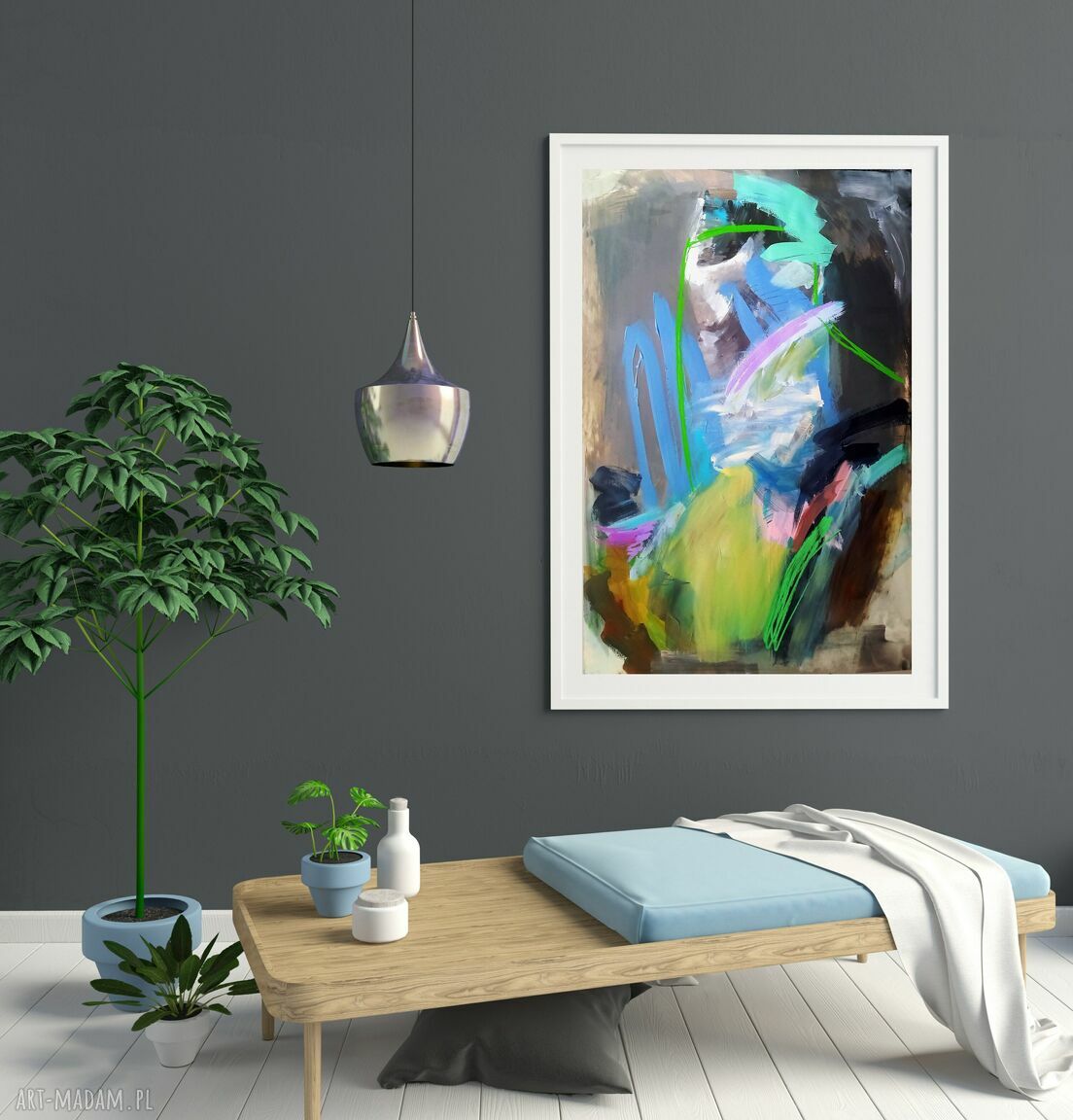 Abstrakcyjny obraz pastelowy 100x70 cm - zielenie, błękit i róż