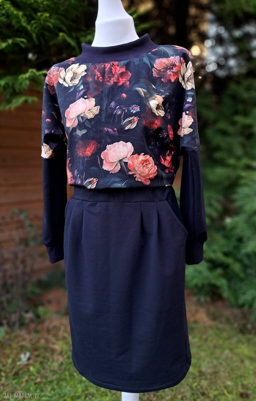 Sukienka Adela w kwiaty z dresówki - oversize S/M z kieszeniami