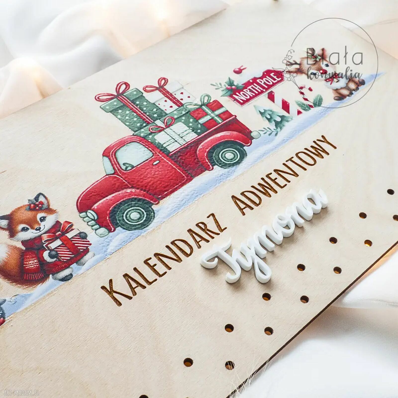 Personalizowany kalendarz adwentowy dla dzieci z imieniem - auto i uroczymi zwierzakami