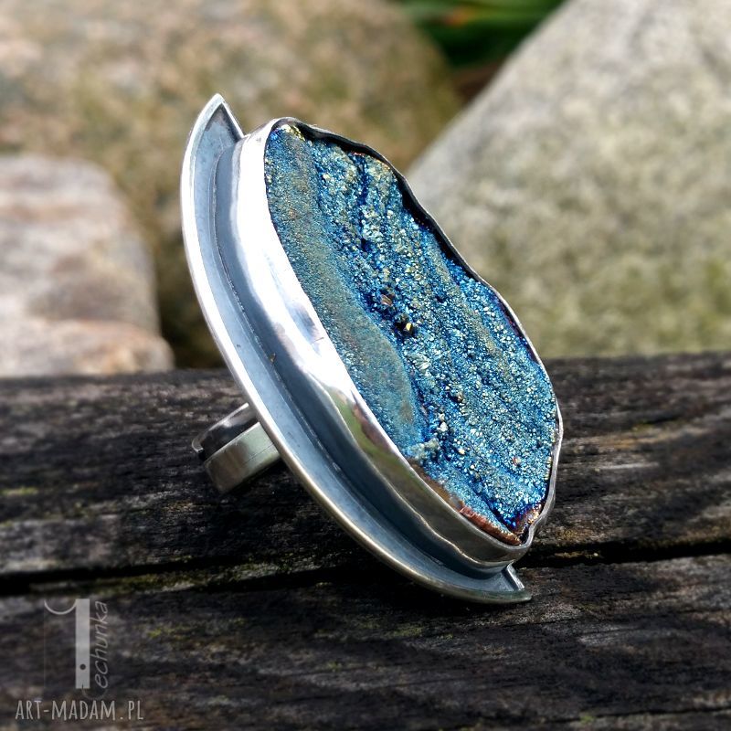 pierścionki: Aelin srebrny pierścień z tytanową różą chalcedonu Ręczne wykonanie