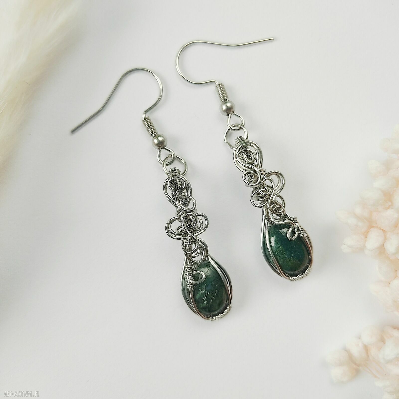 Kolczyki z agatem mszystym ze stali chirurgicznej - handmade wirewrapping