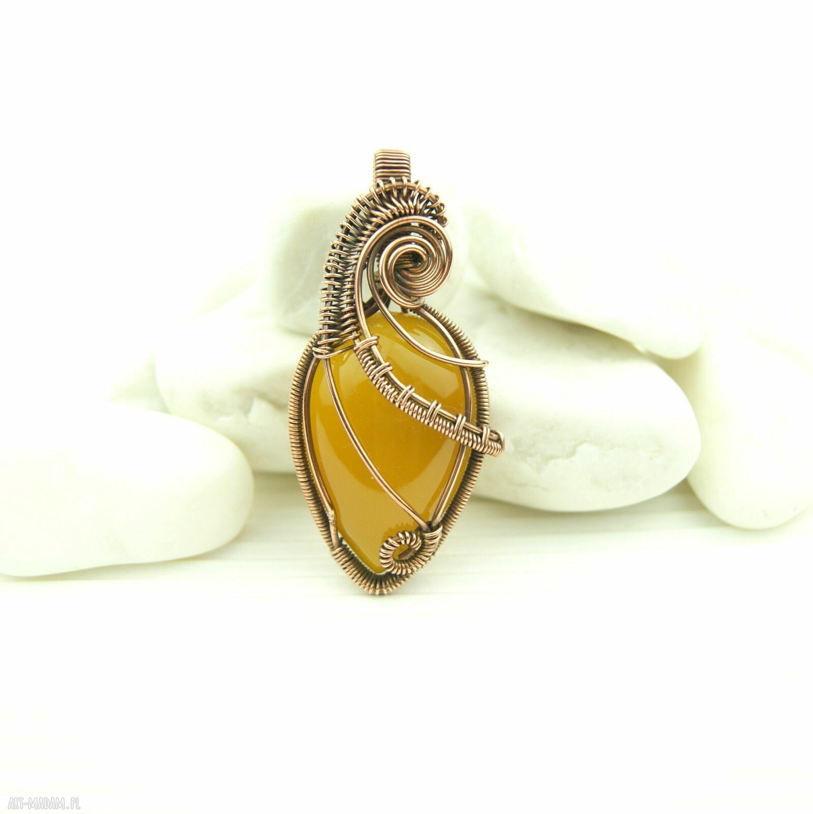 Agat brazylijski - miedziany wisiorek wire wrapping (oksydowany) w kształcie łezki