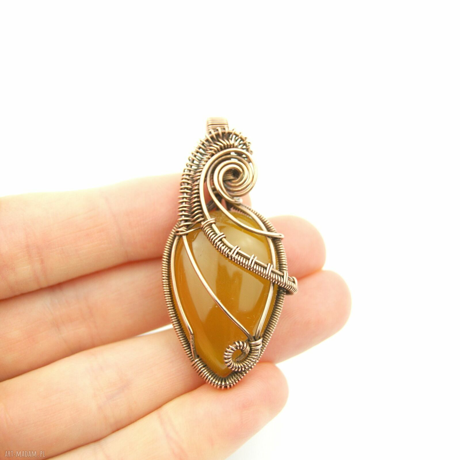 Agat brazylijski - miedziany wisiorek wire wrapping (oksydowany) w kształcie łezki