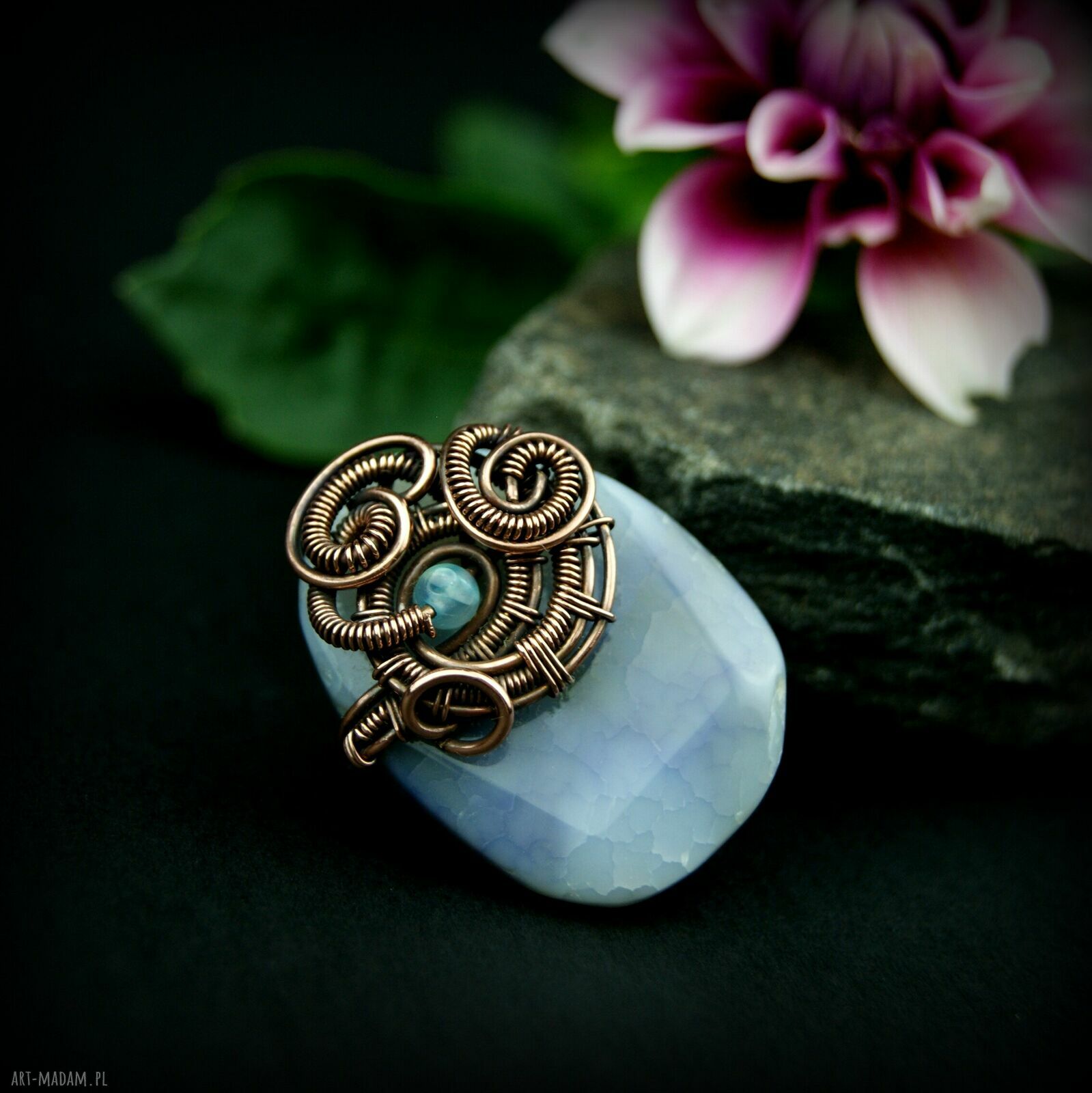 Agatowa broszka wire wrapping z kamieniem - dla niej handmade