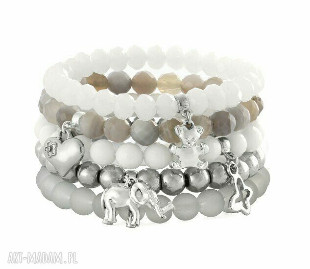 Grey silver white set miś słonik agat serce zestaw pięciu