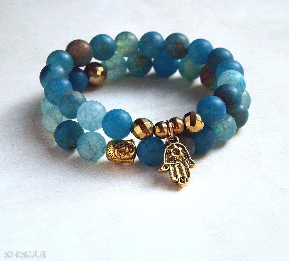 Agat matowy matrix & Budda - turkusowo-niebieska bransoletka handmade