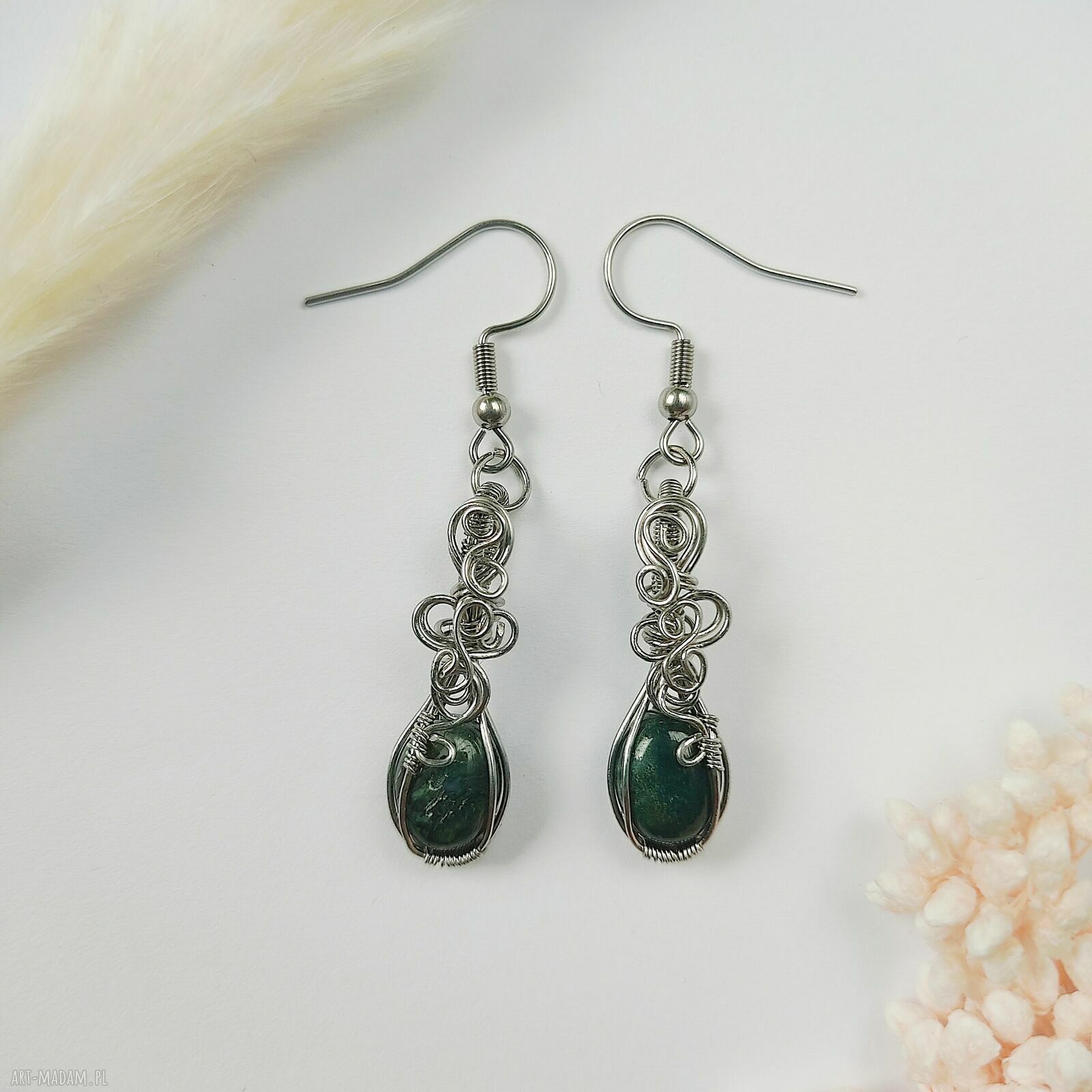 Kolczyki z agatem mszystym ze stali chirurgicznej - handmade wirewrapping