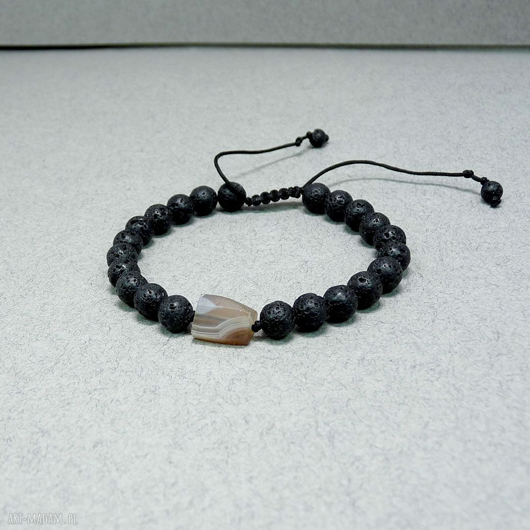 Agat pasiasty i czarna lawa - regulowana bransoletka ręcznie robiona