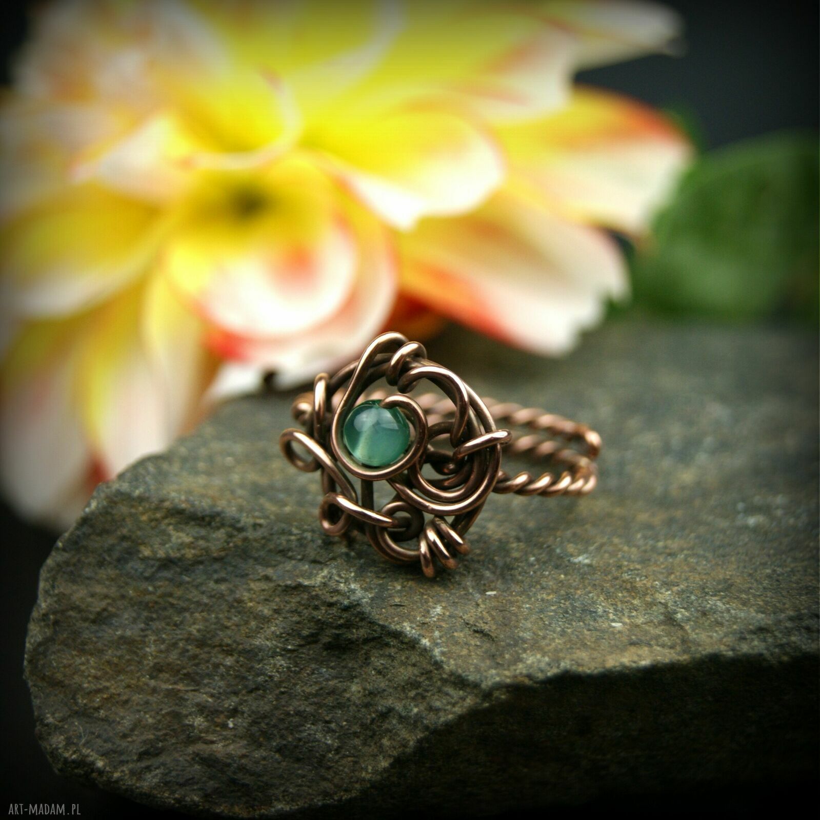 Agat regulowany pierścionek z miedzi - ręczne wire wrapping