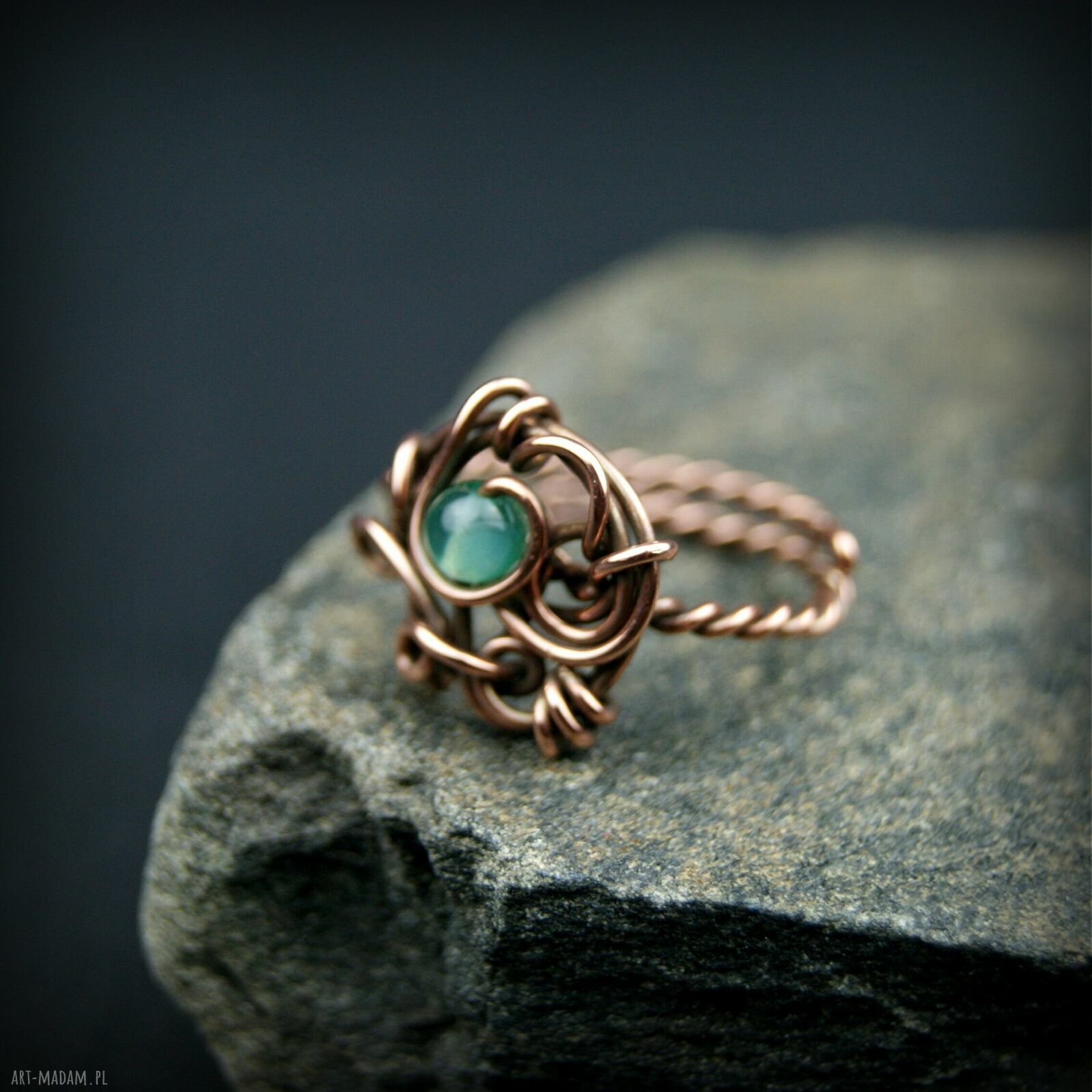 Agat regulowany pierścionek z miedzi - ręczne wire wrapping