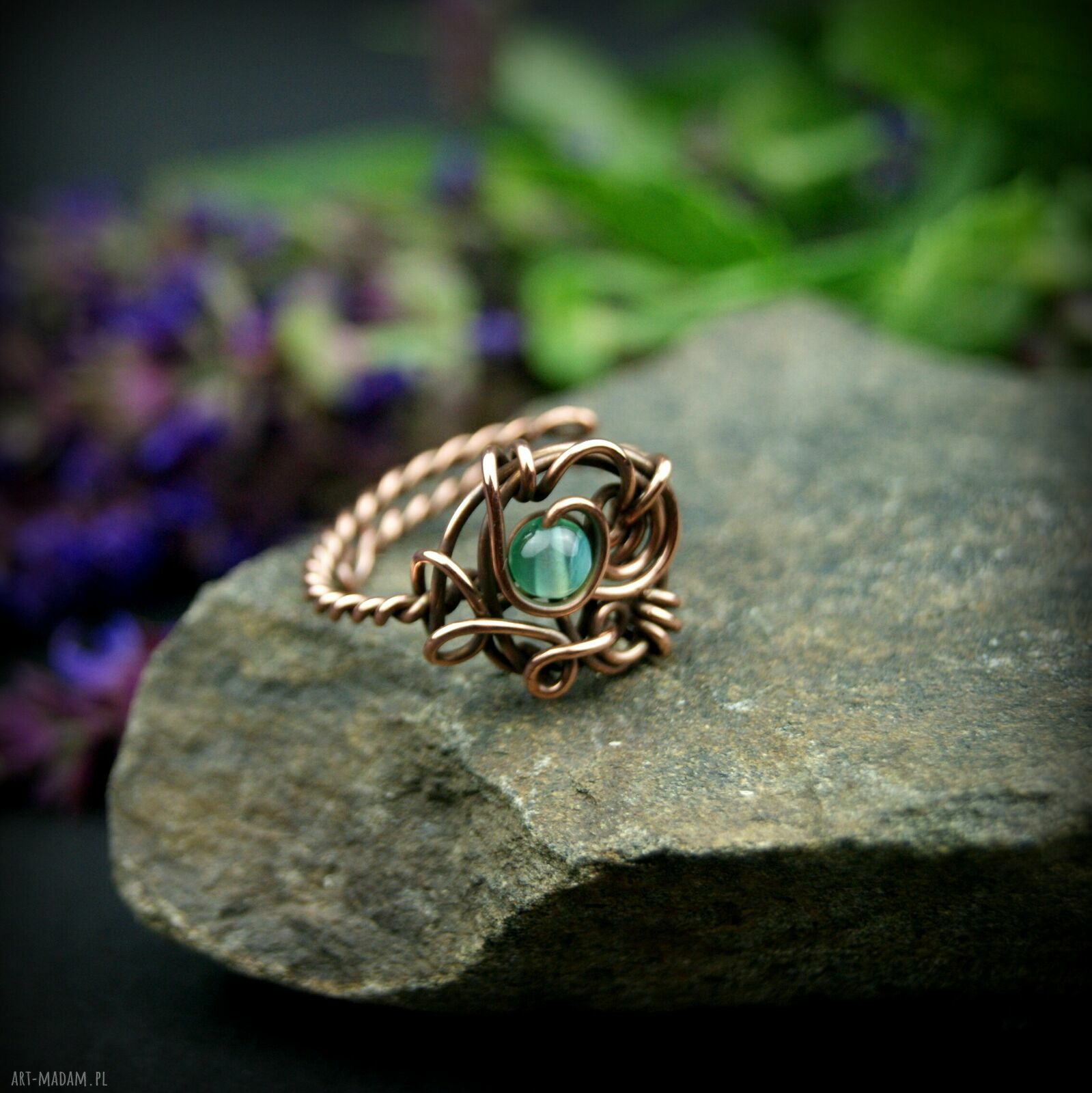 Agat regulowany pierścionek z miedzi - ręczne wire wrapping