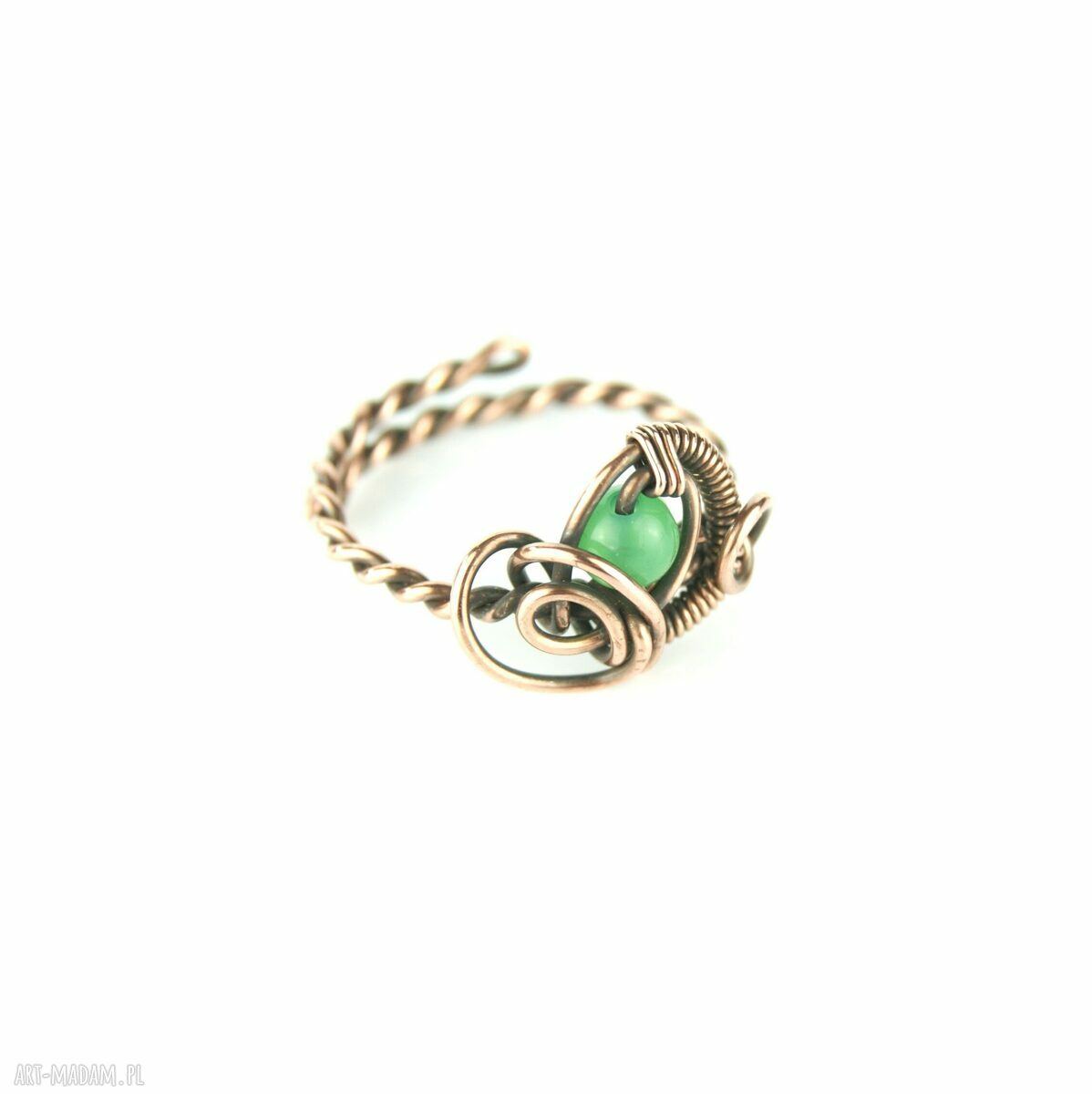 Regulowany pierścionek z zielonym agatem i miedzią - wire wrapping