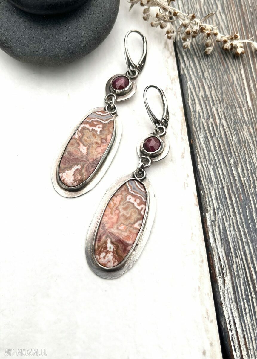 Agat Crazy Lace i szafir - srebrne wiszące kolczyki (7 cm)