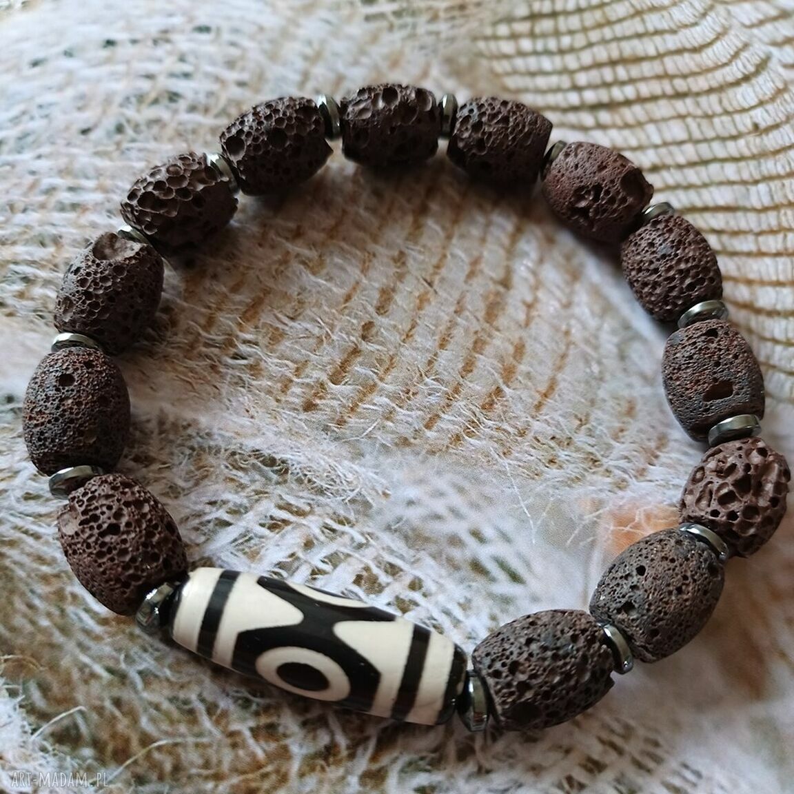 Agat tybetański i lawa wulkaniczna - bransoletka amulet ochronna z hematytem /18