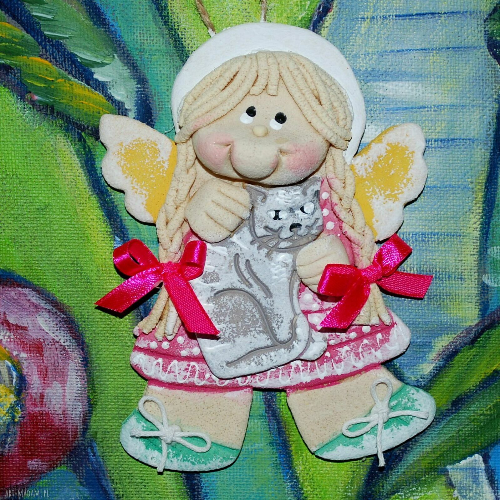 Agatka i jej kot - aniołek z masy solnej, prezent i dekoracja