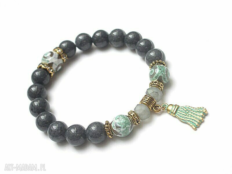 Chwościk Mint Patina - bransoletka z jadeitu i agatu na gumce (16-17 cm)