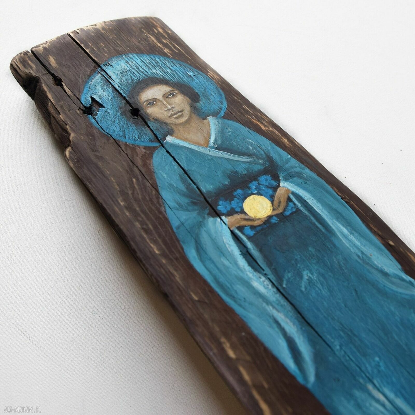 Anioł Akari - obraz ręcznie malowany na starej desce, dekoracja ścienna handmade