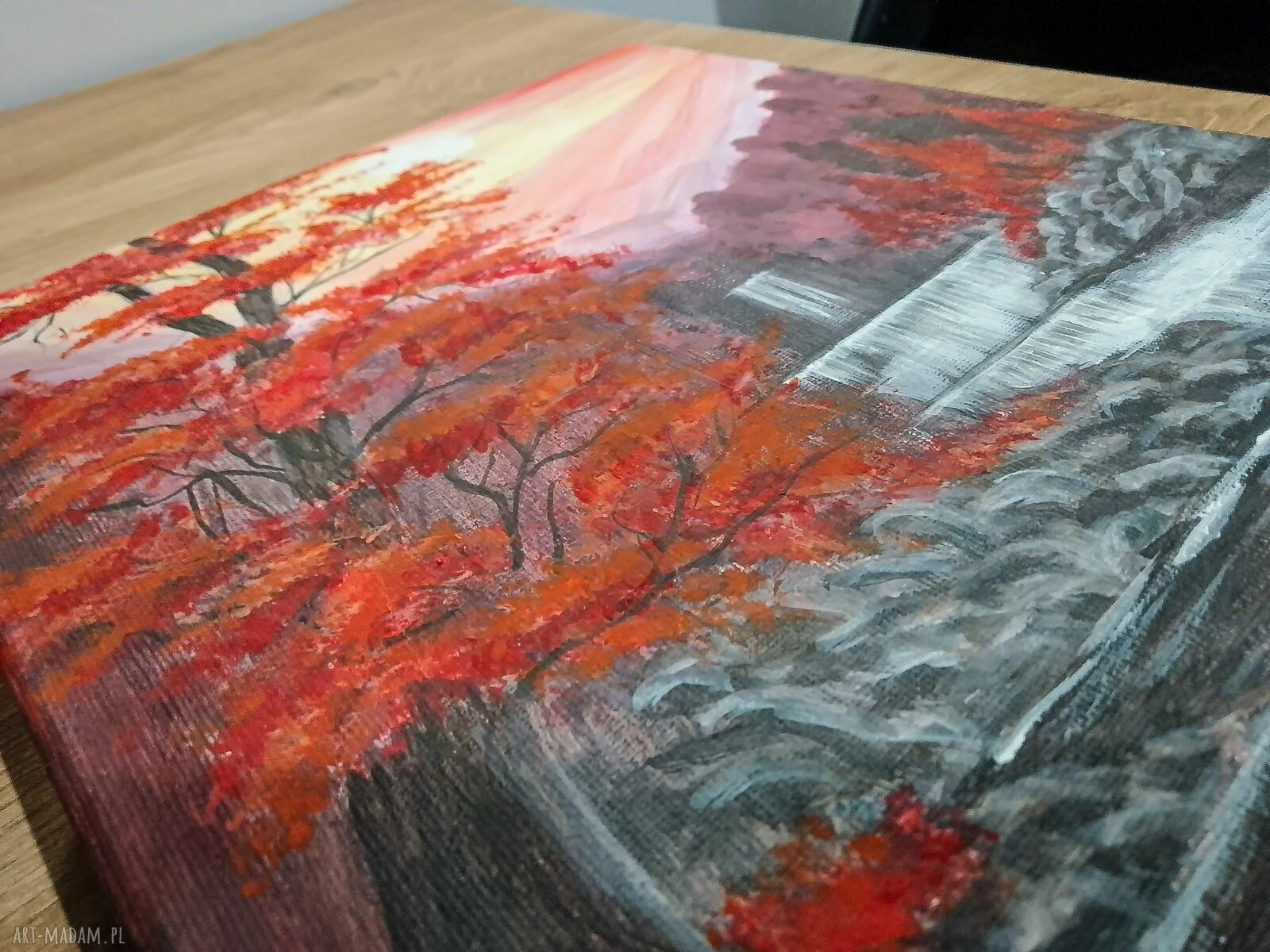 Karmazynowa Kaskada - ręcznie malowany pejzaż akrylowy na płótnie 30 x 24 cm