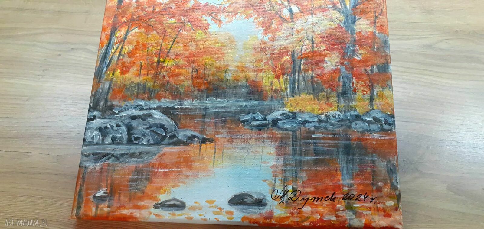 Pejzaż akrylowy na płótnie „W blasku pomarańczu” - ręcznie malowany obraz 24x30 cm