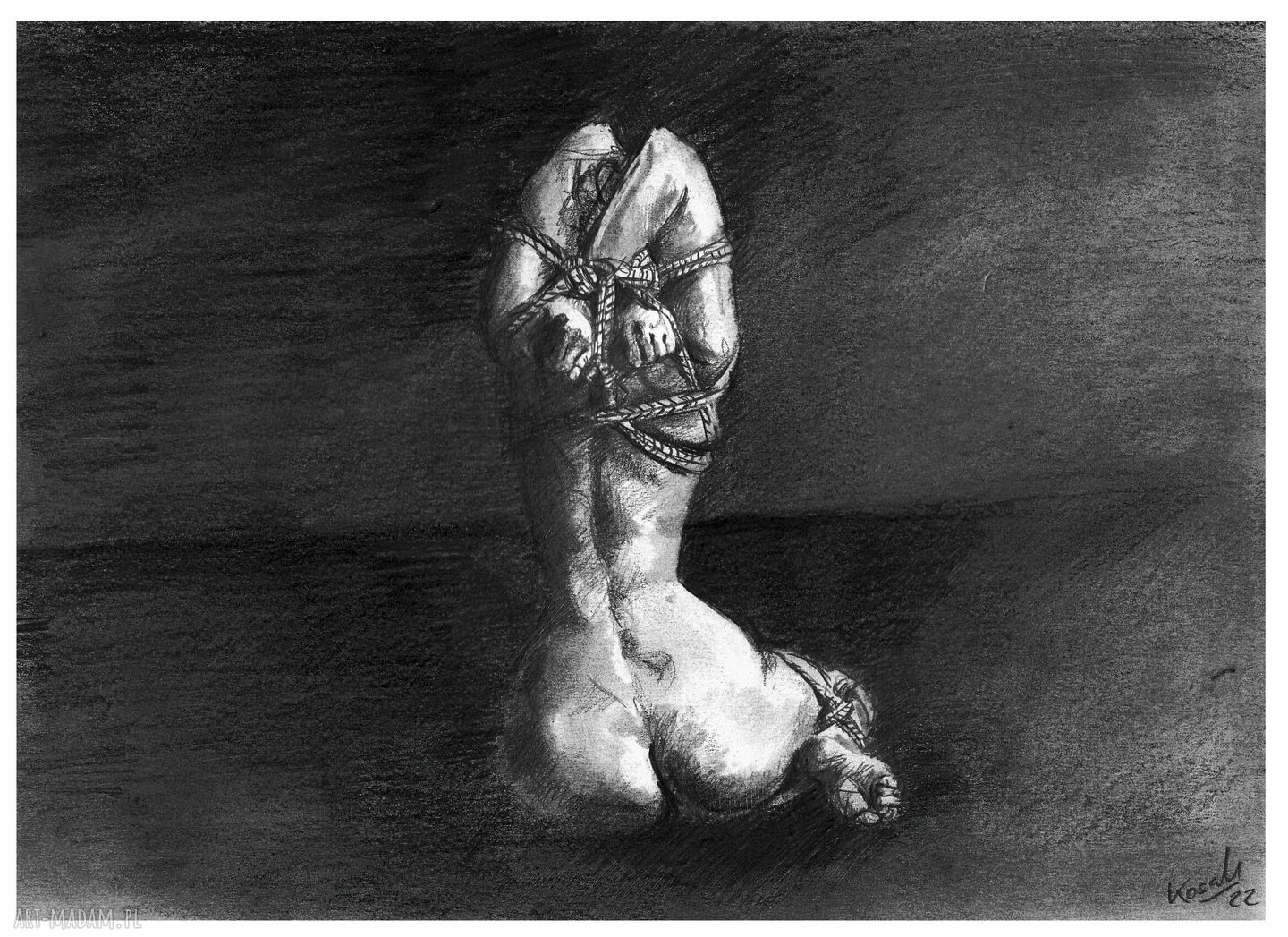 Akt 23 A4 - grafika akt kobiecy węglem w stylu shibari i kinbaku