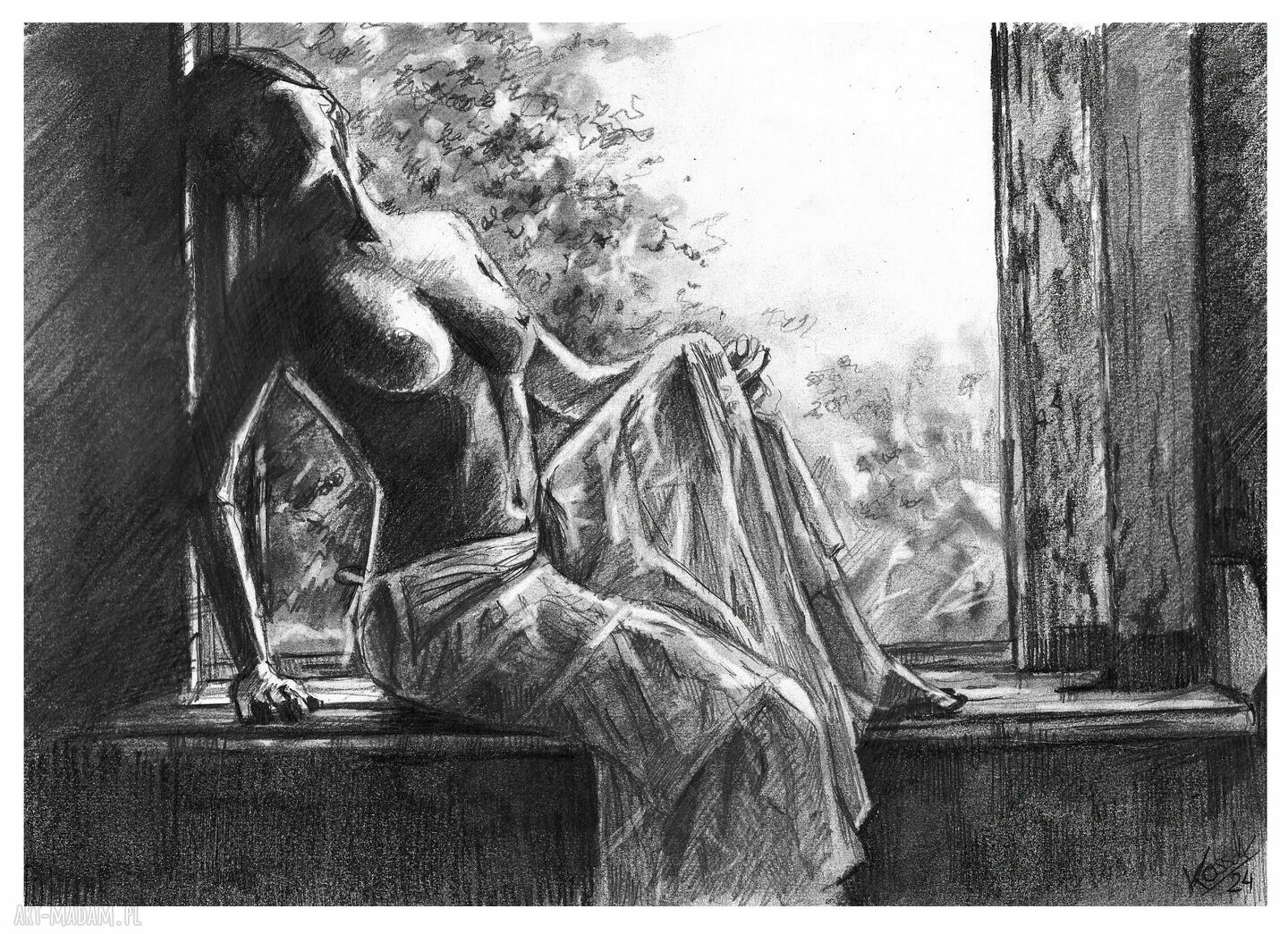 Akt 90 - grafika akt kobiecy fine art nude premium, rysunek ołówkiem A4