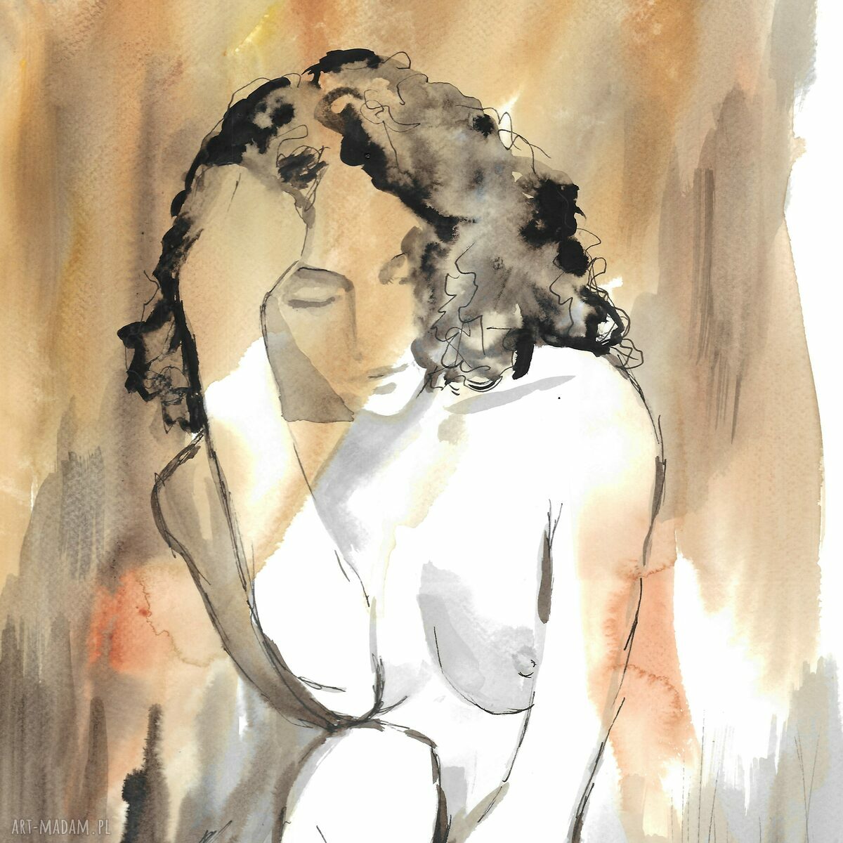 Akt „Ona” - ręcznie malowana akwarela i tusz, obraz w pionie 30 x 75 cm