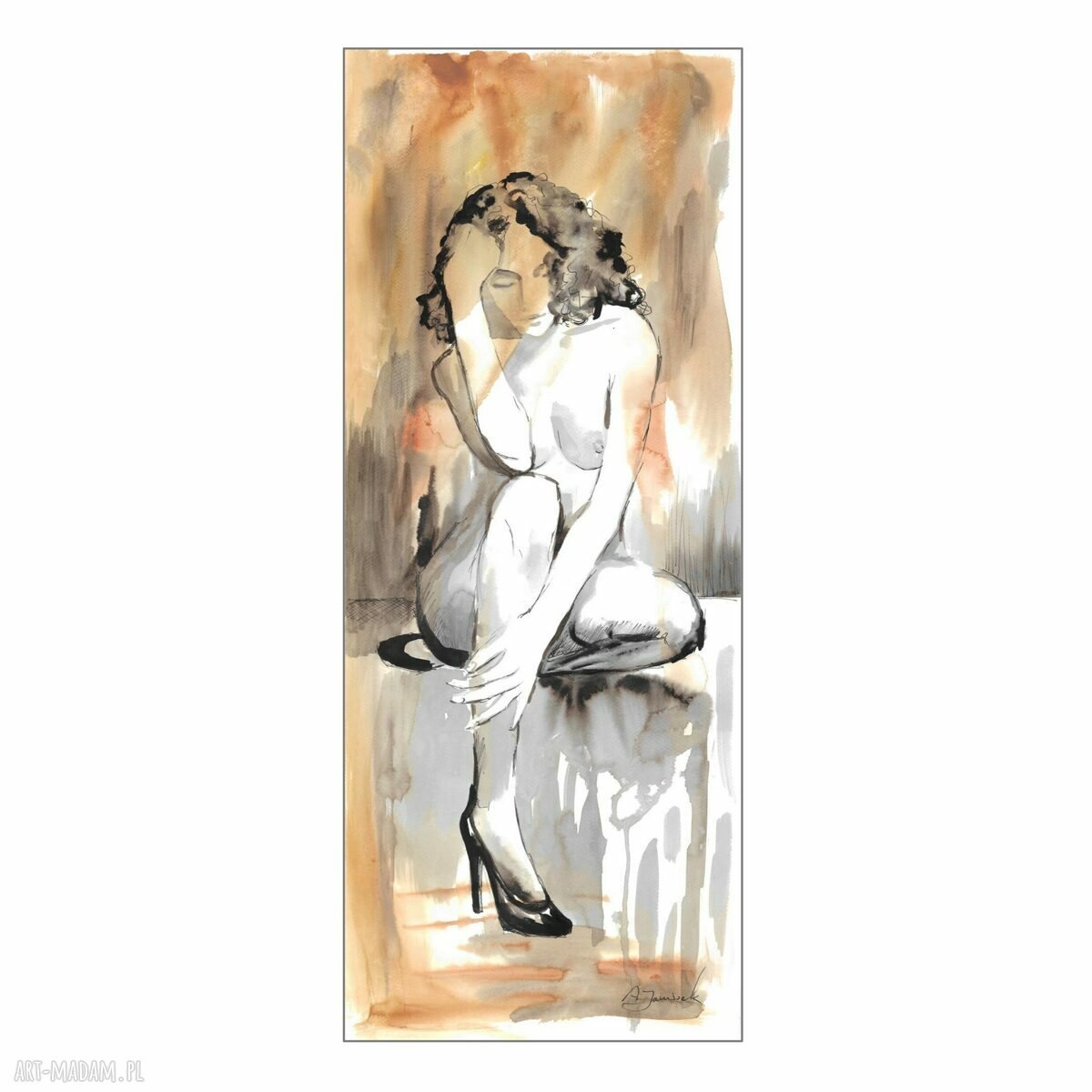 Akt „Ona” - ręcznie malowana akwarela i tusz, obraz w pionie 30 x 75 cm