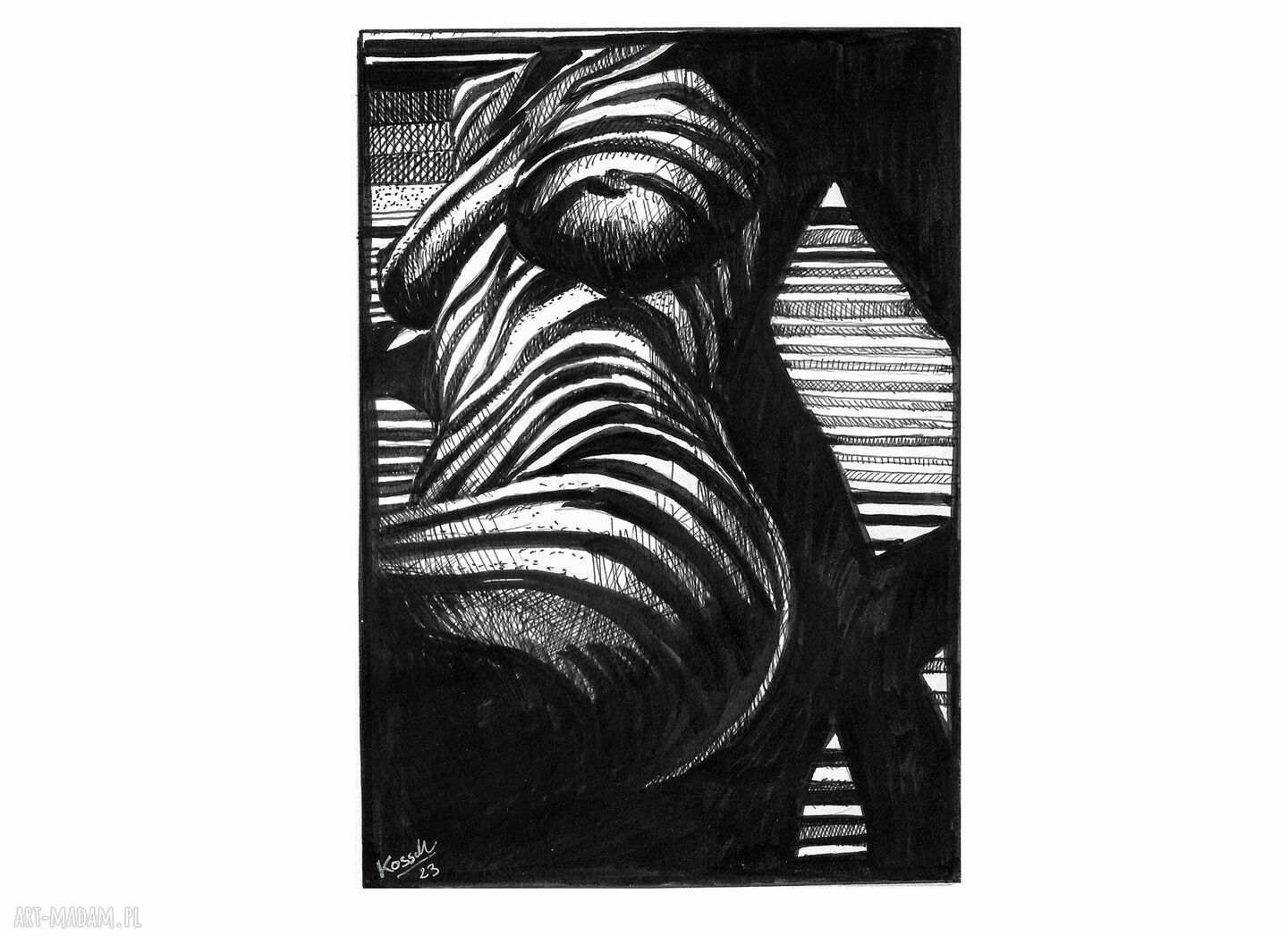 Akt Zebra I A4 - ręcznie rysowana grafika fine art nude z tuszu