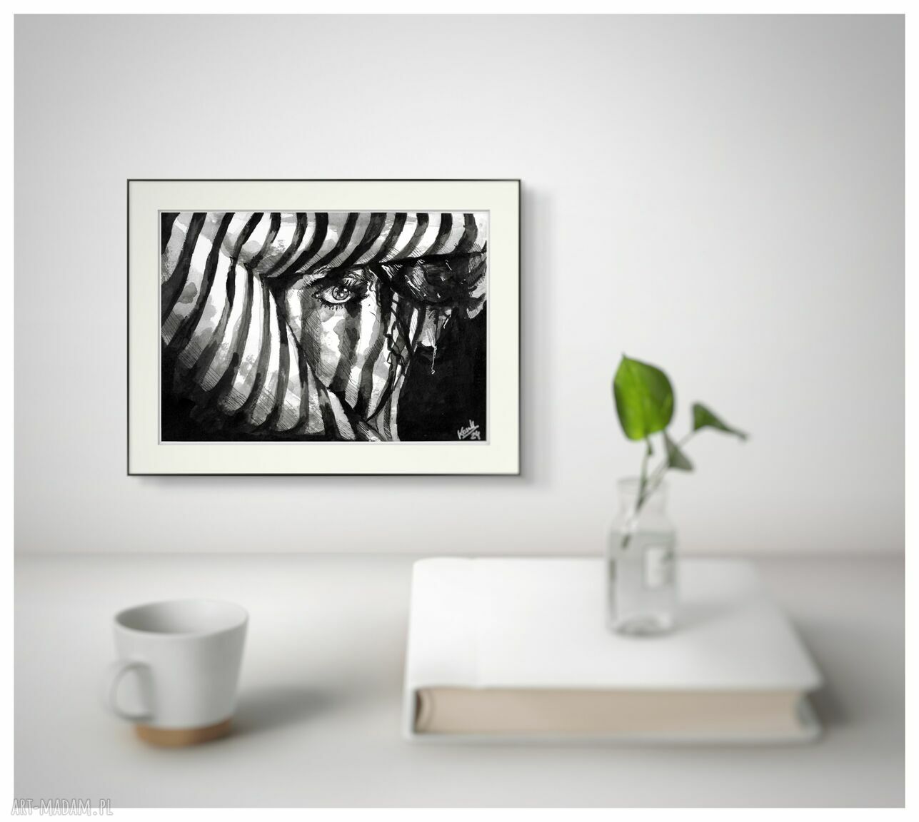Akt - Zebra II (A4) - grafika akt kobiecy handmade z tuszu i białego tuszu