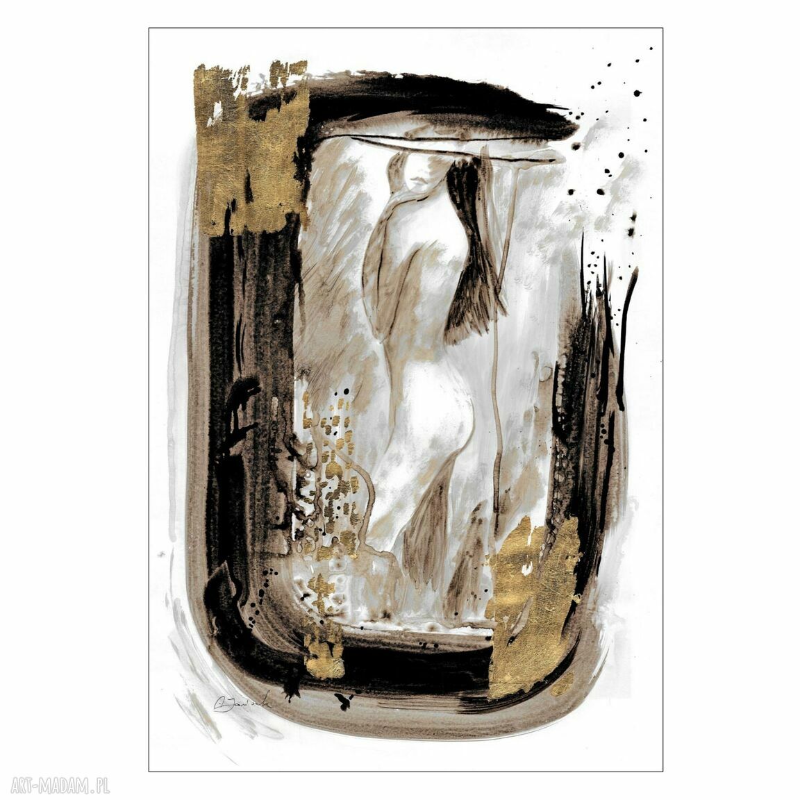Akt - złocona abstrakcja 50 x 70 cm - ręcznie malowana grafika autorska